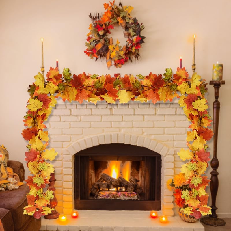 Ykgutilu 2 Pack Fall Maple Leaf Garland Clearance,5.7ft/Piece Artificial Foliage Garland Autumn Hanging Fall Leave Vines for Home Wedding Fireplace Party Thanksgiving Day Christmas Decorations