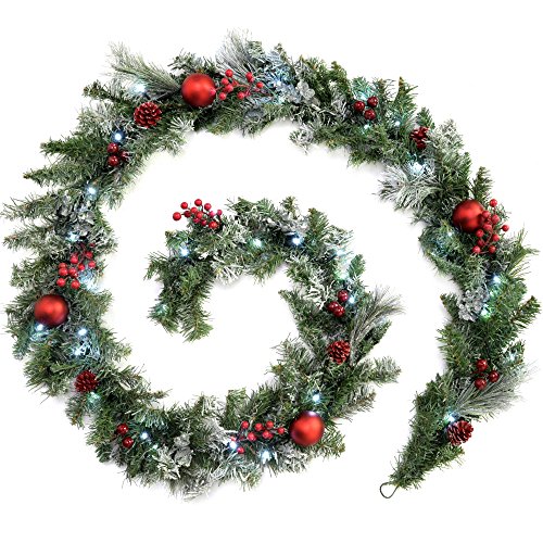 WeRChristmas Pre-Lit Frosted Decorated Garland Illuminated with 40 Cool White LED Lights, Red, 9 feet