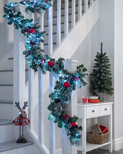 WeRChristmas Pre-Lit Frosted Decorated Garland Illuminated with 40 Cool White LED Lights, Red, 9 feet