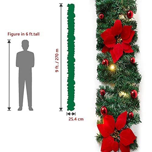 Christmas Stair Garland with Lights, 9FT/2.7M Wreath Fireplace Garlands Decorations with Lights, Flower and Ball for Fireplace Stairs Wall Door Xmas Tree Garden Yard Holiday Decor, Red