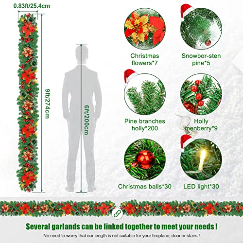 270cm (9ft) Pre-Lit Decorated Garland|Christmas Garland Decoration, Christmas Garland with Lights for Xmas Tree Stairs Décor Christmas Fireplace Decorations (Red)