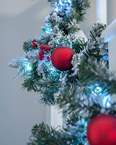 WeRChristmas Pre-Lit Frosted Decorated Garland Illuminated with 40 Cool White LED Lights, Red, 9 feet