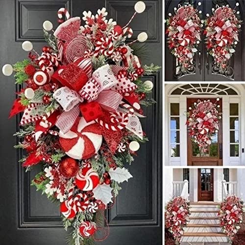 Christmas Teardrop Swag Wreath,Candy Cane Christmas Decorations for Front Door | Winter Holiday Hanging Ornaments for Fireplace, Window, Front Door