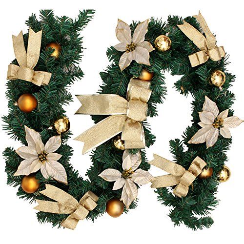 1.8M/6Ft Christmas Garland for Stairs, Christmas Decorated Garlands with Bow Flowers Ball Artificial Xmas Tree Galand for Indoor Outdoor Christmas Festival Tree Display Decor (Gold)