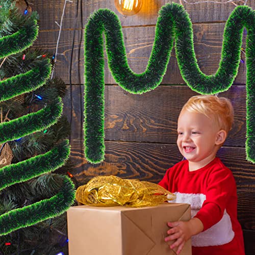 LOKIPA Christmas Tinsel Garland Decoration ，10M Green Chunky  Xmas Tinsel Garland for Christmas Tree