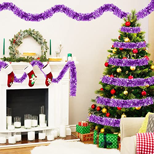 RECHCIGA Christmas Tinsel Purple 12M/39feet Long Tinsel Garland 9CM Thick Chunky Christmas Tree Tinsel Fluffy Shiny Xmas Tinsel Garland for Xmas Tree Hanging Tinsel Party Metallic Tinsel Supplies