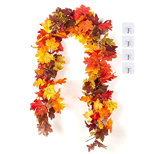 KASZOO 2 Pack Artificial Fall Maple Leaf Garland,5.8 Ft/Pack Autumn Hanging Garland Autumn Foliage Garland for Thanksgiving Dinner Party Fireplace Christmas Home Decor