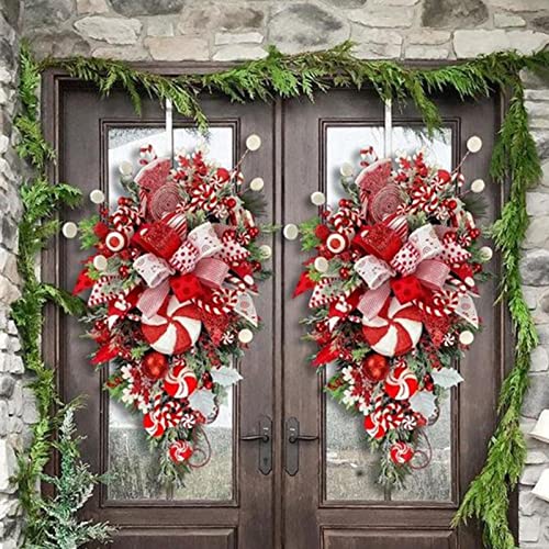 Christmas Teardrop Swag Wreath,Candy Cane Christmas Decorations for Front Door | Winter Holiday Hanging Ornaments for Fireplace, Window, Front Door