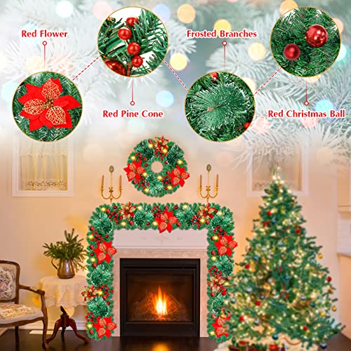SHAVINGFUN Christmas garland,christmas garland with lights,2.7M/ 9FT Christmas Garland Decorations Illuminated with LED Lights,for Stairs Fireplaces Christmas Festive Wreath Xmas Decor