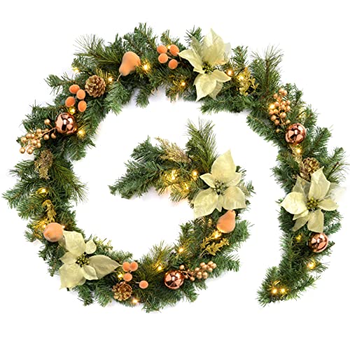 WeRChristmas Pre-Lit Decorated Garland Illuminated with 40 Warm White LED Lights, Copper/Gold, 9 feet
