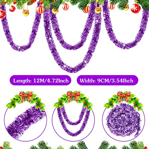 RECHCIGA Christmas Tinsel Purple 12M/39feet Long Tinsel Garland 9CM Thick Chunky Christmas Tree Tinsel Fluffy Shiny Xmas Tinsel Garland for Xmas Tree Hanging Tinsel Party Metallic Tinsel Supplies