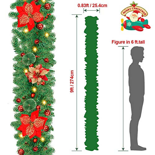 SHAVINGFUN Christmas garland,christmas garland with lights,2.7M/ 9FT Christmas Garland Decorations Illuminated with LED Lights,for Stairs Fireplaces Christmas Festive Wreath Xmas Decor