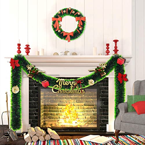 LOKIPA Christmas Tinsel Garland Decoration ，10M Green Chunky  Xmas Tinsel Garland for Christmas Tree