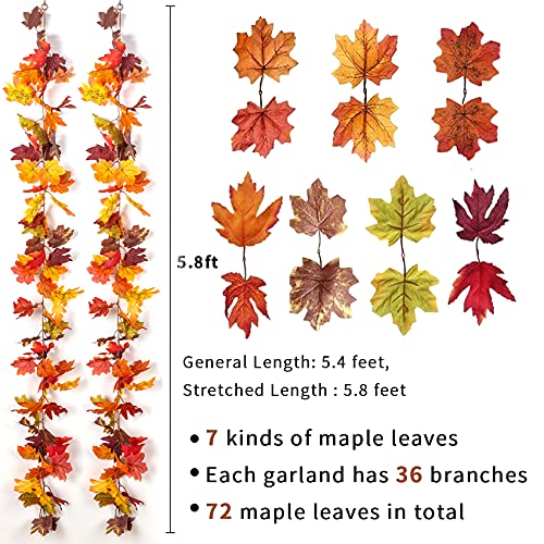 KASZOO 2 Pack Artificial Fall Maple Leaf Garland,5.8 Ft/Pack Autumn Hanging Garland Autumn Foliage Garland for Thanksgiving Dinner Party Fireplace Christmas Home Decor