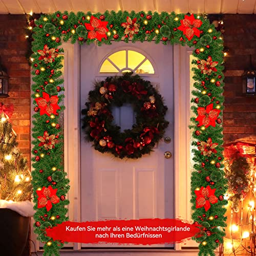 SHAVINGFUN Christmas garland,christmas garland with lights,2.7M/ 9FT Christmas Garland Decorations Illuminated with LED Lights,for Stairs Fireplaces Christmas Festive Wreath Xmas Decor