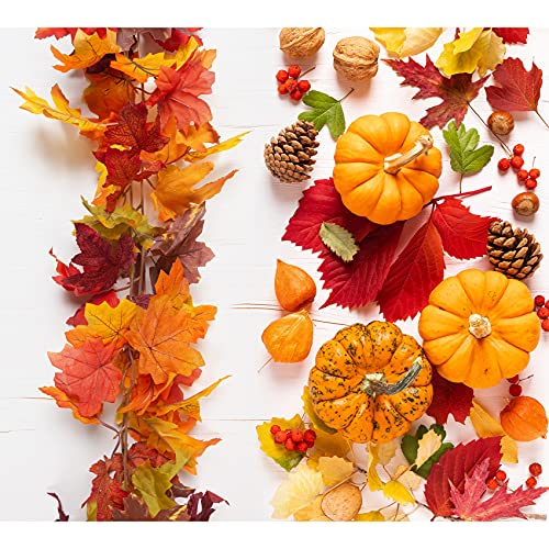 KASZOO 2 Pack Artificial Fall Maple Leaf Garland,5.8 Ft/Pack Autumn Hanging Garland Autumn Foliage Garland for Thanksgiving Dinner Party Fireplace Christmas Home Decor
