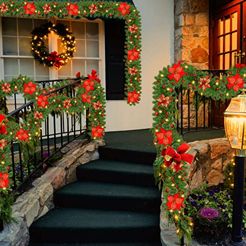 SHAVINGFUN Christmas garland,christmas garland with lights,2.7M/ 9FT Christmas Garland Decorations Illuminated with LED Lights,for Stairs Fireplaces Christmas Festive Wreath Xmas Decor