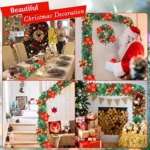SHAVINGFUN Christmas garland,christmas garland with lights,2.7M/ 9FT Christmas Garland Decorations Illuminated with LED Lights,for Stairs Fireplaces Christmas Festive Wreath Xmas Decor