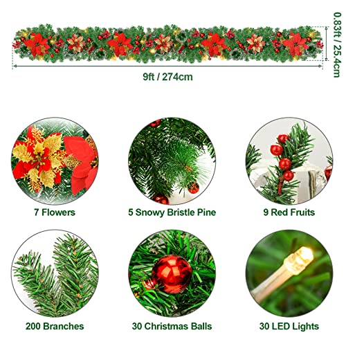Pre-Lit Artificial Christmas Garland, Green, Warm Lights, Decorated with Red Flowers, Balls, Berries, Snowy Pine for Home Stairs Fireplace Front, Christmas Collection, 9 Ft