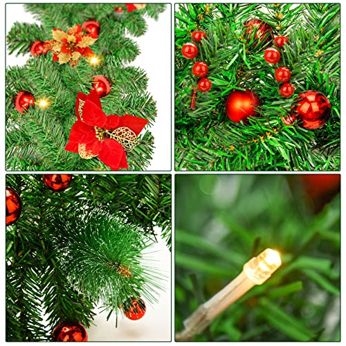 Pre-Lit Artificial Christmas Garland, Green, Warm Lights, Decorated with Red Flowers, Balls, Berries, Snowy Pine for Home Stairs Fireplace Front, Christmas Collection, 9 Ft