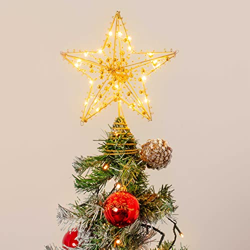 Christmas Village 20 LED Light Up Star Tree Topper Festive Decoration 20CM sized Xmas Trees – Battery Powered Timer Function Decoration For Home Office Party Décor (Gold)