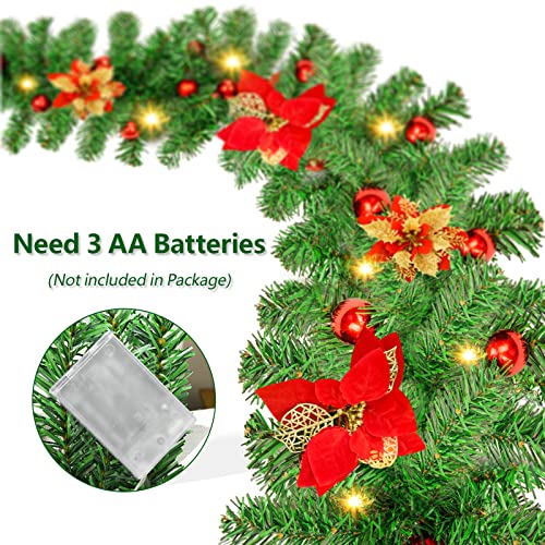 Pre-Lit Artificial Christmas Garland, Green, Warm Lights, Decorated with Red Flowers, Balls, Berries, Snowy Pine for Home Stairs Fireplace Front, Christmas Collection, 9 Ft