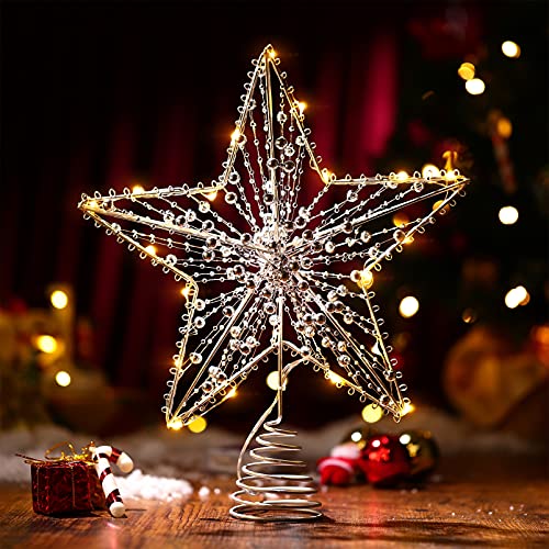 Toyvian Christmas Tree Topper Star- Star Tree Topper Lighted with LED Wire Christmas Tree Decorations Christmas Tree Ornament Xmas Party Decoration(12 Inch, Sliver)