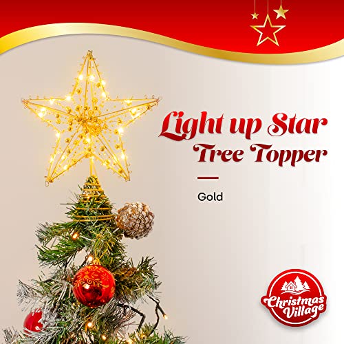 Christmas Village 20 LED Light Up Star Tree Topper Festive Decoration 20CM sized Xmas Trees – Battery Powered Timer Function Decoration For Home Office Party Décor (Gold)
