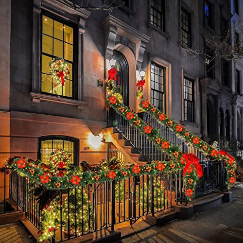 Pre-Lit Artificial Christmas Garland, Green, Warm Lights, Decorated with Red Flowers, Balls, Berries, Snowy Pine for Home Stairs Fireplace Front, Christmas Collection, 9 Ft