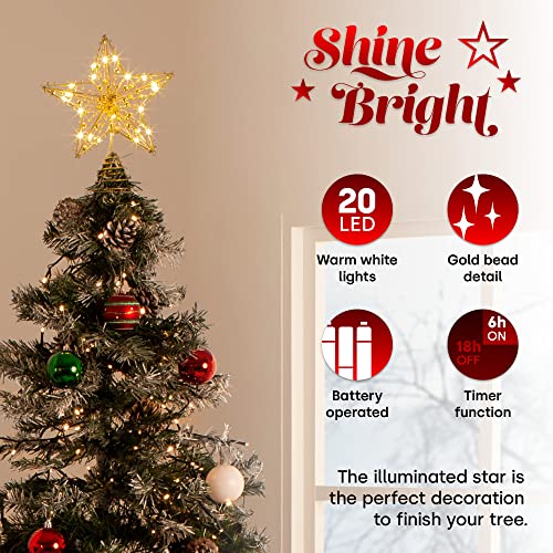 Christmas Village 20 LED Light Up Star Tree Topper Festive Decoration 20CM sized Xmas Trees – Battery Powered Timer Function Decoration For Home Office Party Décor (Gold)