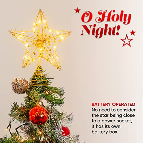 Christmas Village 20 LED Light Up Star Tree Topper Festive Decoration 20CM sized Xmas Trees – Battery Powered Timer Function Decoration For Home Office Party Décor (Gold)