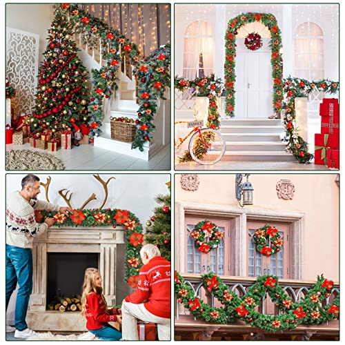 Pre-Lit Artificial Christmas Garland, Green, Warm Lights, Decorated with Red Flowers, Balls, Berries, Snowy Pine for Home Stairs Fireplace Front, Christmas Collection, 9 Ft
