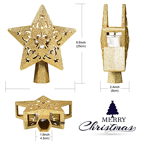 RNSSEZ Christmas Tree Toppers Decorations with LED Rotating Snowflake Projector, 3D Golden Glitter Star Tree Topper Starry Night Light for Xmas Tree Decoration ( Golden Star Tree Toppers )