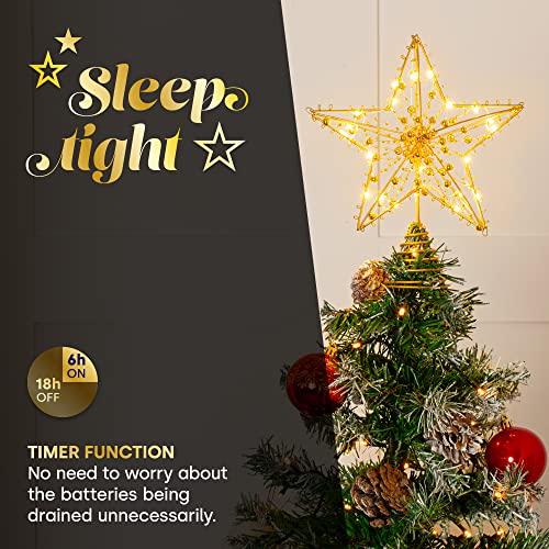 Christmas Village 20 LED Light Up Star Tree Topper Festive Decoration 20CM sized Xmas Trees – Battery Powered Timer Function Decoration For Home Office Party Décor (Gold)