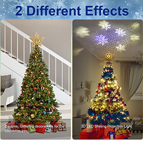 RNSSEZ Christmas Tree Toppers Decorations with LED Rotating Snowflake Projector, 3D Golden Glitter Star Tree Topper Starry Night Light for Xmas Tree Decoration ( Golden Star Tree Toppers )