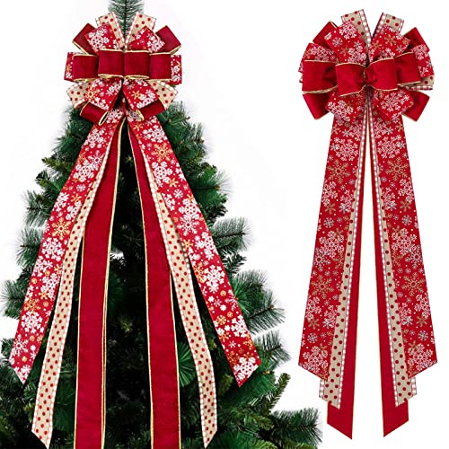 Kalolary Christmas Tree Topper Large Christmas Tree Bow Toppers Red Gold Snowflake Xmas Ornament Christmas Bow Topper Christmas Tree Decoration for Holiday Party Outdoor Indoor DIY Decor (48 * 12")