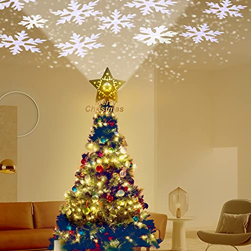 RNSSEZ Christmas Tree Toppers Decorations with LED Rotating Snowflake Projector, 3D Golden Glitter Star Tree Topper Starry Night Light for Xmas Tree Decoration ( Golden Star Tree Toppers )