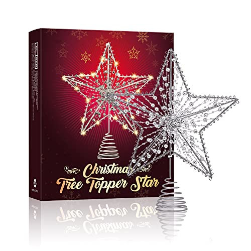 Toyvian Christmas Tree Topper Star- Star Tree Topper Lighted with LED Wire Christmas Tree Decorations Christmas Tree Ornament Xmas Party Decoration(12 Inch, Sliver)
