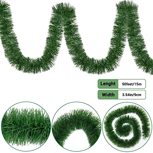 DIYDEC 50 Feet Green Christmas Garland Decoration, Xmas Artificial Vine Soft Greenery Chunky Pine Garlands for Christmas Indoor Outdoor Decorations