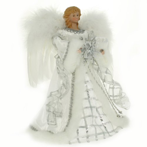 WeRChristmas Angel Decoration Christmas Tree Top Topper with Feather Wings, 25 cm - Silver/White