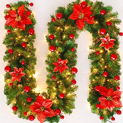 2.7m/9ft pre lit christmas garland,Christmas garland,christmas garland with lights,christmas garlands for fireplaces,christmas garland decorations,christmas garlands for fireplaces front door (red)