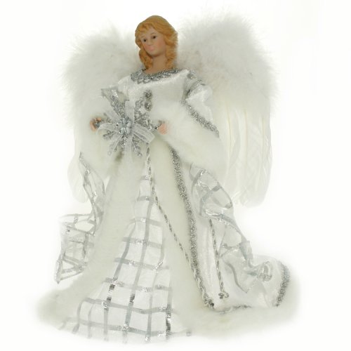 WeRChristmas Angel Decoration Christmas Tree Top Topper with Feather Wings, 25 cm - Silver/White