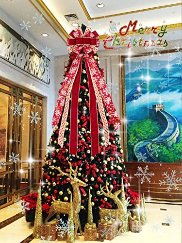 Kalolary Christmas Tree Topper Large Christmas Tree Bow Toppers Red Gold Snowflake Xmas Ornament Christmas Bow Topper Christmas Tree Decoration for Holiday Party Outdoor Indoor DIY Decor (48 * 12")