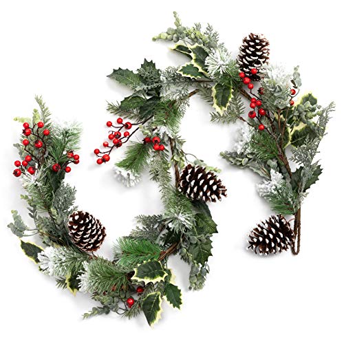 BEJOY Artificial Christmas Garland for Christmas Festival, 150cm Pine Cone Frosted Garland with Deer Antlers, Red Berries Indoor Outdoor Garden Gate Home Decor
