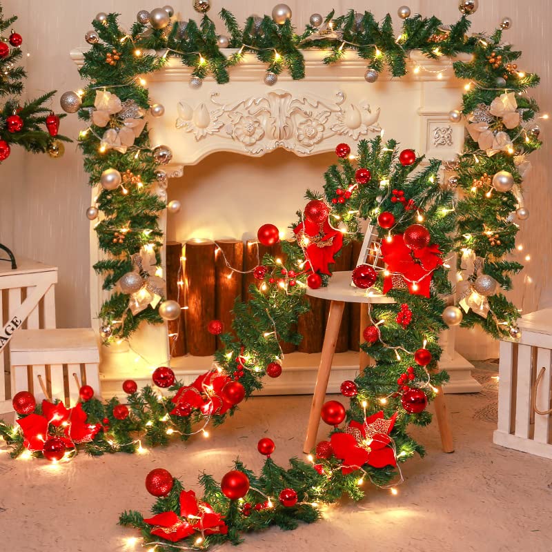 2.7m/9ft pre lit christmas garland,Christmas garland,christmas garland with lights,christmas garlands for fireplaces,christmas garland decorations,christmas garlands for fireplaces front door (red)
