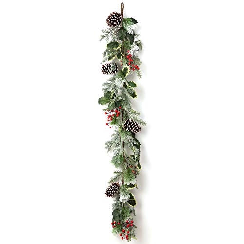 BEJOY Artificial Christmas Garland for Christmas Festival, 150cm Pine Cone Frosted Garland with Deer Antlers, Red Berries Indoor Outdoor Garden Gate Home Decor