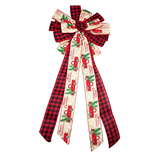 Christmas Tree Topper Bow Buffalo Plaid Red Black Burlap Christmas Bow Decoration Large Gift Bow for Xmas Tree Wreath Door Banister Farmhouse Holiday Party Decorations