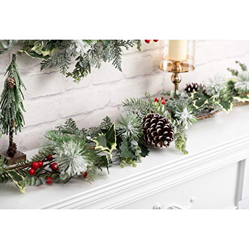 BEJOY Artificial Christmas Garland for Christmas Festival, 150cm Pine Cone Frosted Garland with Deer Antlers, Red Berries Indoor Outdoor Garden Gate Home Decor