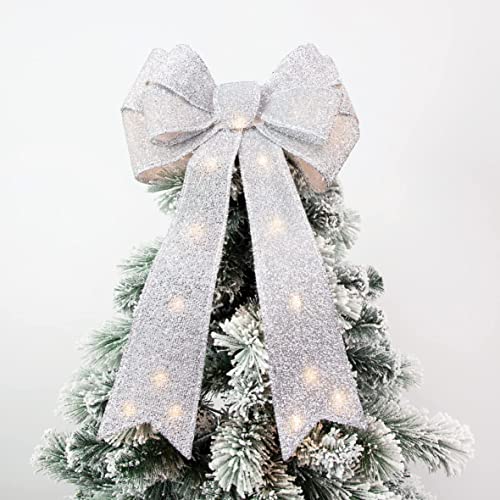 Netagon Large 50cm Hanging Battery Operated Light Up Warm White LED Glitter Fabric Christmas Tree Topper Bow (Silver)