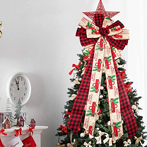 Christmas Tree Topper Bow Buffalo Plaid Red Black Burlap Christmas Bow Decoration Large Gift Bow for Xmas Tree Wreath Door Banister Farmhouse Holiday Party Decorations